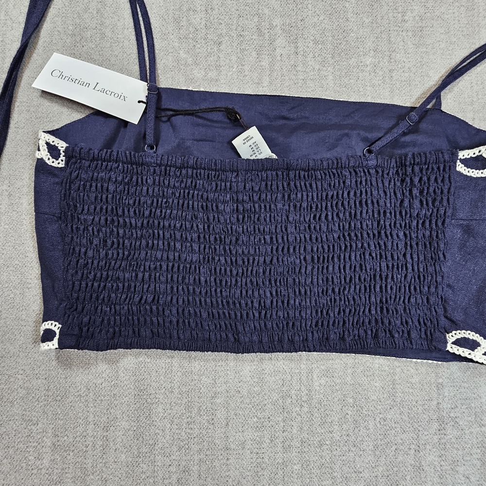 Christian Lacroix Cropped Top Women's Medium Navy Linen Lace Trim Tie Sleeveless - Picture 10 of 11